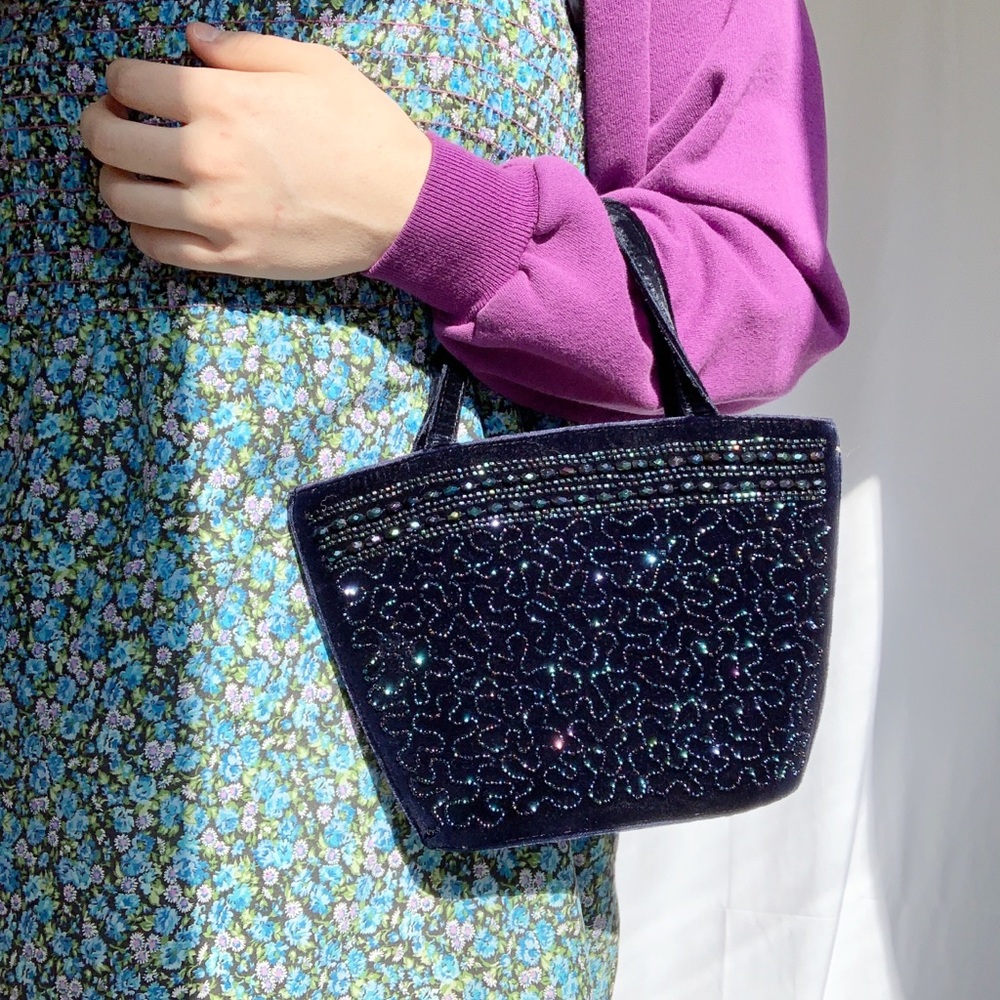 VTG Mid Century Blue Velvet Oil Slick Beaded Bag